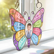 Indoor Decor, Custom Photo, Gift For Kids, Summer, Adorable, Remove BG Photo - Custom Photo I Am Smart Kind Brave Butterfly Flower Rainbow - Personalized Window Hanging Suncatcher Ornament