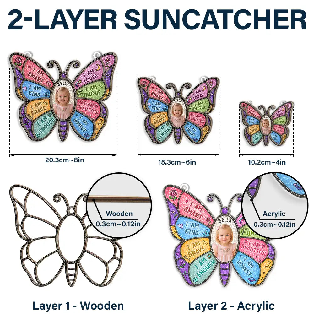 Indoor Decor, Custom Photo, Gift For Kids, Summer, Adorable, Remove BG Photo - Custom Photo I Am Smart Kind Brave Butterfly Flower Rainbow - Personalized Window Hanging Suncatcher Ornament