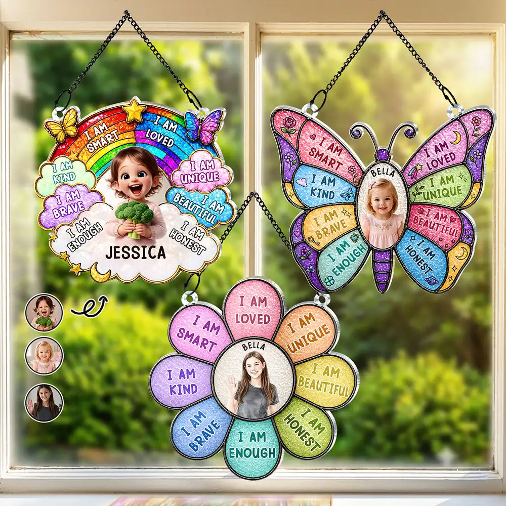 Indoor Decor, Custom Photo, Gift For Kids, Summer, Adorable, Remove BG Photo - Custom Photo I Am Smart Kind Brave Butterfly Flower Rainbow - Personalized Window Hanging Suncatcher Ornament