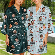 Gift For Wife, Humorous, Custom Photo, Gift For Couples, Cut-Face Photo - Custom Photo I Love My Husband Boyfriend - Personalized Satin Robe
