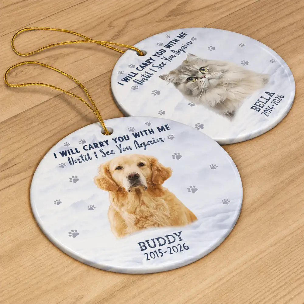 Sentimental,Custom Photo,Pet Lovers,Memorial,Remove BG Photo - Custom Photo I Will Carry You With Me Pet Memorial - Personalized Circle Ceramic Ornament