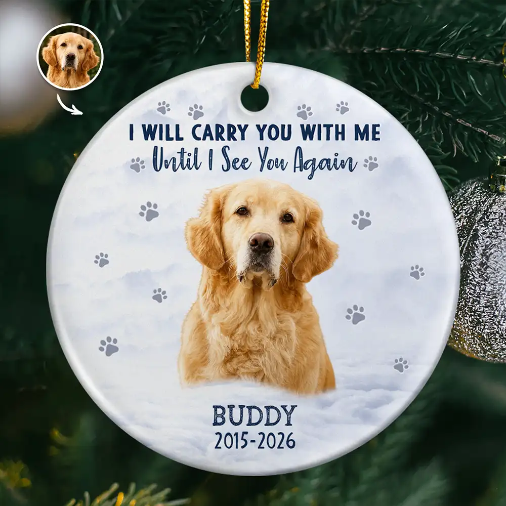 Sentimental,Custom Photo,Pet Lovers,Memorial,Remove BG Photo - Custom Photo I Will Carry You With Me Pet Memorial - Personalized Circle Ceramic Ornament