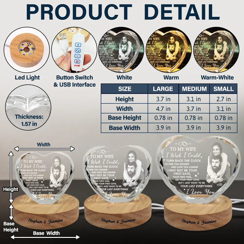 Gift For Couples, Old Couples, Gift For Husband, Gift For Wife, Gift For Boyfriend, Gift For Girlfriend, LGBT, Love - Custom Photo I Wish I Could Turn Back The Clock - Personalized Crystal Heart Shaped Lamp