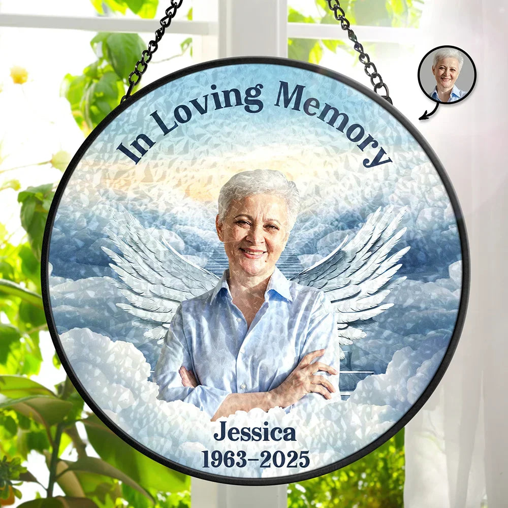 Custom Photo In Loving Memory Memorial Heaven - Personalized Stained Glass Window Hanging Suncatcher