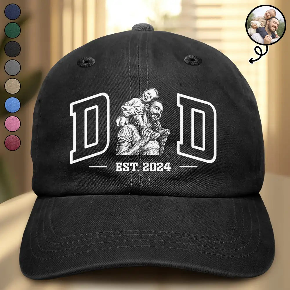 Gift For Father,Custom Photo,Art Design,Confident,Photo - Ink Drawing - Custom Photo Ink Drawing Dad Mom Est Year - Personalized Vintage Washed Denim Cap