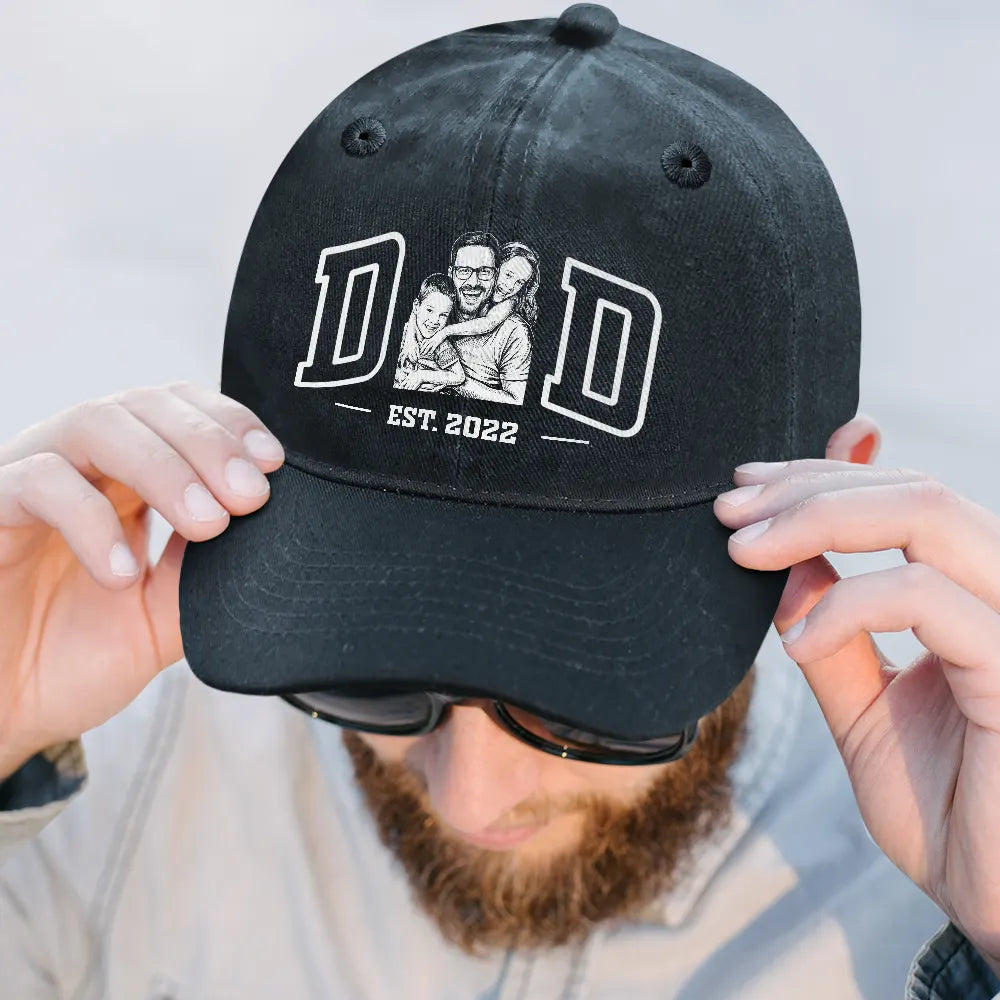 Gift For Father,Custom Photo,Art Design,Confident,Photo - Ink Drawing - Custom Photo Ink Drawing Dad Mom Est Year - Personalized Vintage Washed Denim Cap