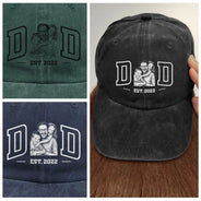 Gift For Father,Custom Photo,Art Design,Confident,Photo - Ink Drawing - Custom Photo Ink Drawing Dad Mom Est Year - Personalized Vintage Washed Denim Cap