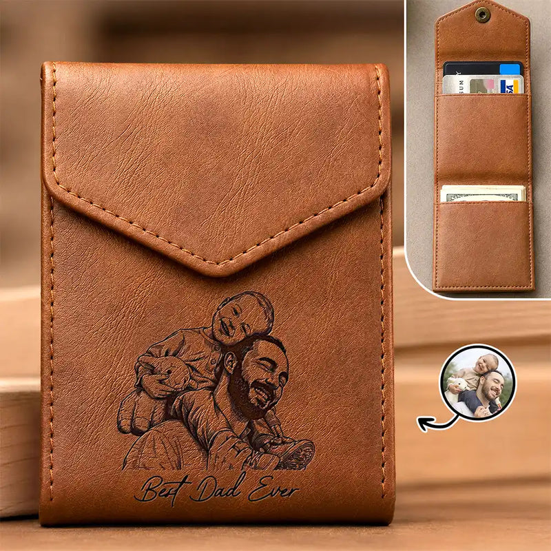 Gift For Father, Custom Photo, Art Design, Grateful, Photo - Ink Drawing - Custom Photo Ink Drawing Family Portrait Best Grandpa Dad Ever - Personalized Leather Slim Wallet
