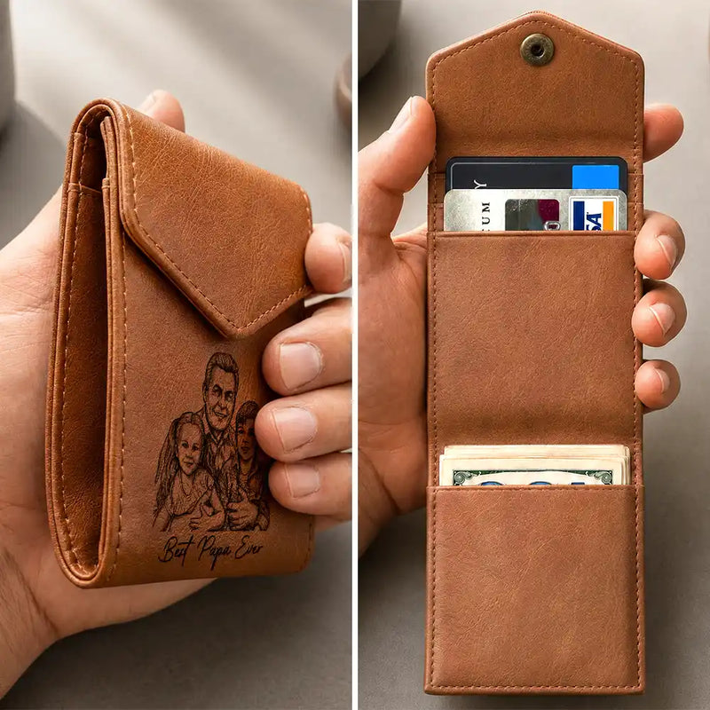 Gift For Father, Custom Photo, Art Design, Grateful, Photo - Ink Drawing - Custom Photo Ink Drawing Family Portrait Best Grandpa Dad Ever - Personalized Leather Slim Wallet