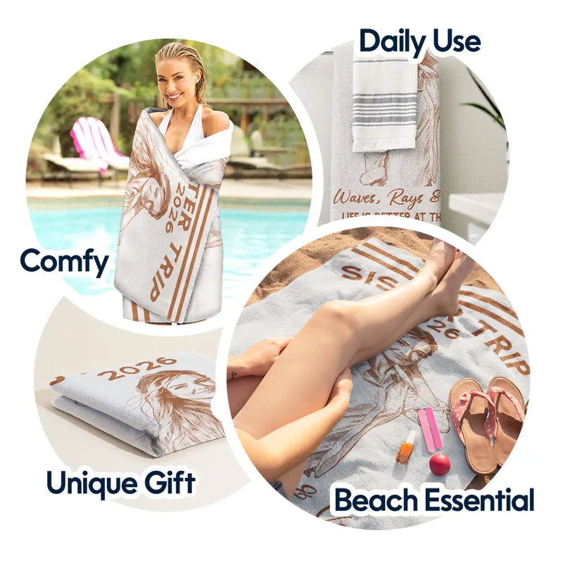 Parents,Gift For Women,Gift For Yourself,Gift For Sibling,Gift For Sisters,Gift For Brothers,Family,Gift For Bestie,Gifts For Colleagues,Summer,Beach,Happy - Custom Photo Ink Drawing Girls Trip Family Trip Beach Vacation - Personalized Beach Towel