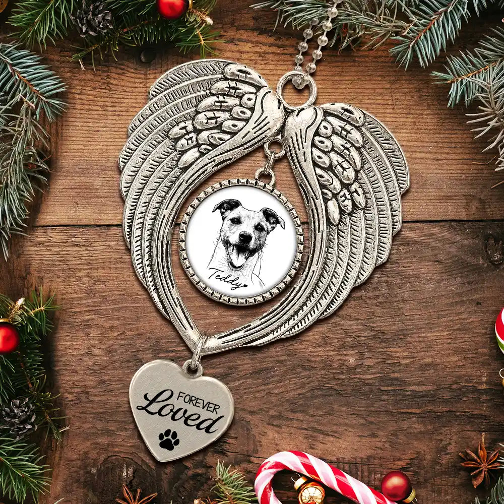 Art Design,Sentimental,Christmas,Pet Lovers,Memorial,Photo - Ink Drawing - Custom Photo Ink Drawing Memorial Pet You Left Paw Prints On My Heart - Personalized Angel Wings Photo Ornament