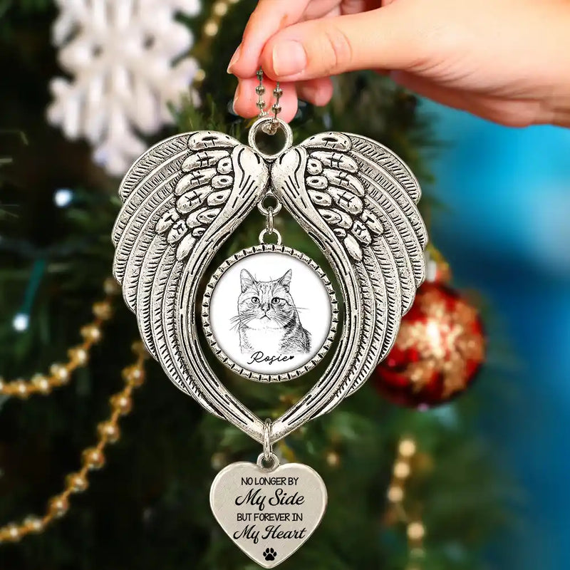 Art Design,Sentimental,Christmas,Pet Lovers,Memorial,Photo - Ink Drawing - Custom Photo Ink Drawing Memorial Pet You Left Paw Prints On My Heart - Personalized Angel Wings Photo Ornament