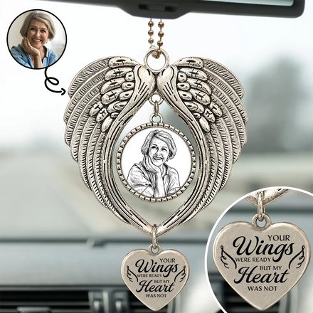 Custom Photo Ink Drawing Memorial Your Wings Were Ready - Personalized Angel Wings Photo Ornament
