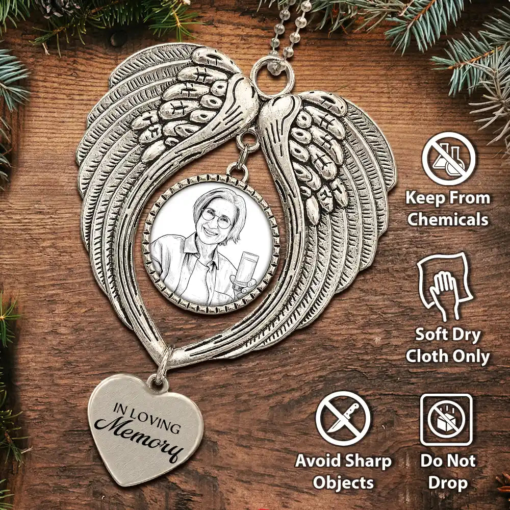 Art Design,Christmas,Sympathetic,Family,Memorial,Photo - Ink Drawing - Custom Photo Ink Drawing Memorial Your Wings Were Ready - Personalized Angel Wings Photo Ornament
