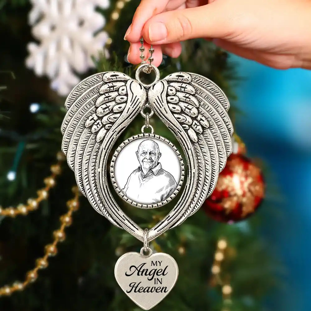 Art Design,Christmas,Sympathetic,Family,Memorial,Photo - Ink Drawing - Custom Photo Ink Drawing Memorial Your Wings Were Ready - Personalized Angel Wings Photo Ornament