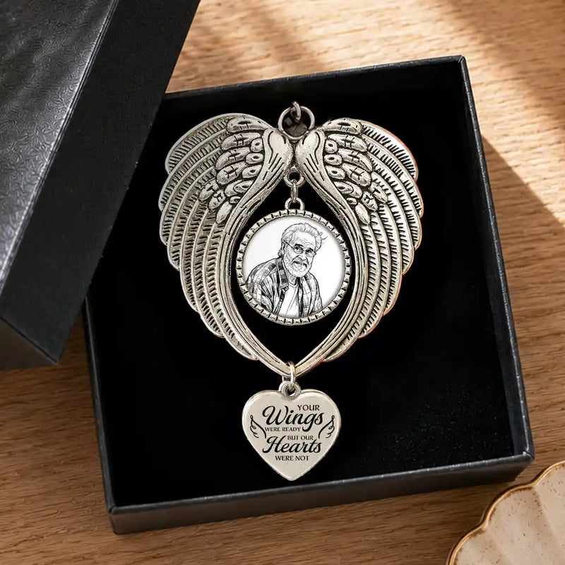 Art Design,Christmas,Sympathetic,Family,Memorial,Photo - Ink Drawing - Custom Photo Ink Drawing Memorial Your Wings Were Ready - Personalized Angel Wings Photo Ornament
