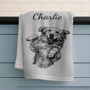 Happy,Dog Lovers,Pet Lovers,Cat Lovers - Custom Photo Ink Drawing Portrait Dog Cat Pet - Personalized Kitchen Towel