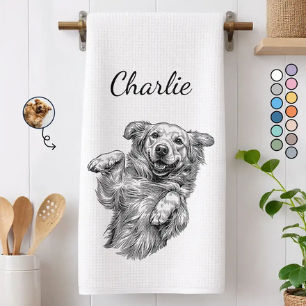 Custom Photo Ink Drawing Portrait Dog Cat Pet - Personalized Kitchen Towel