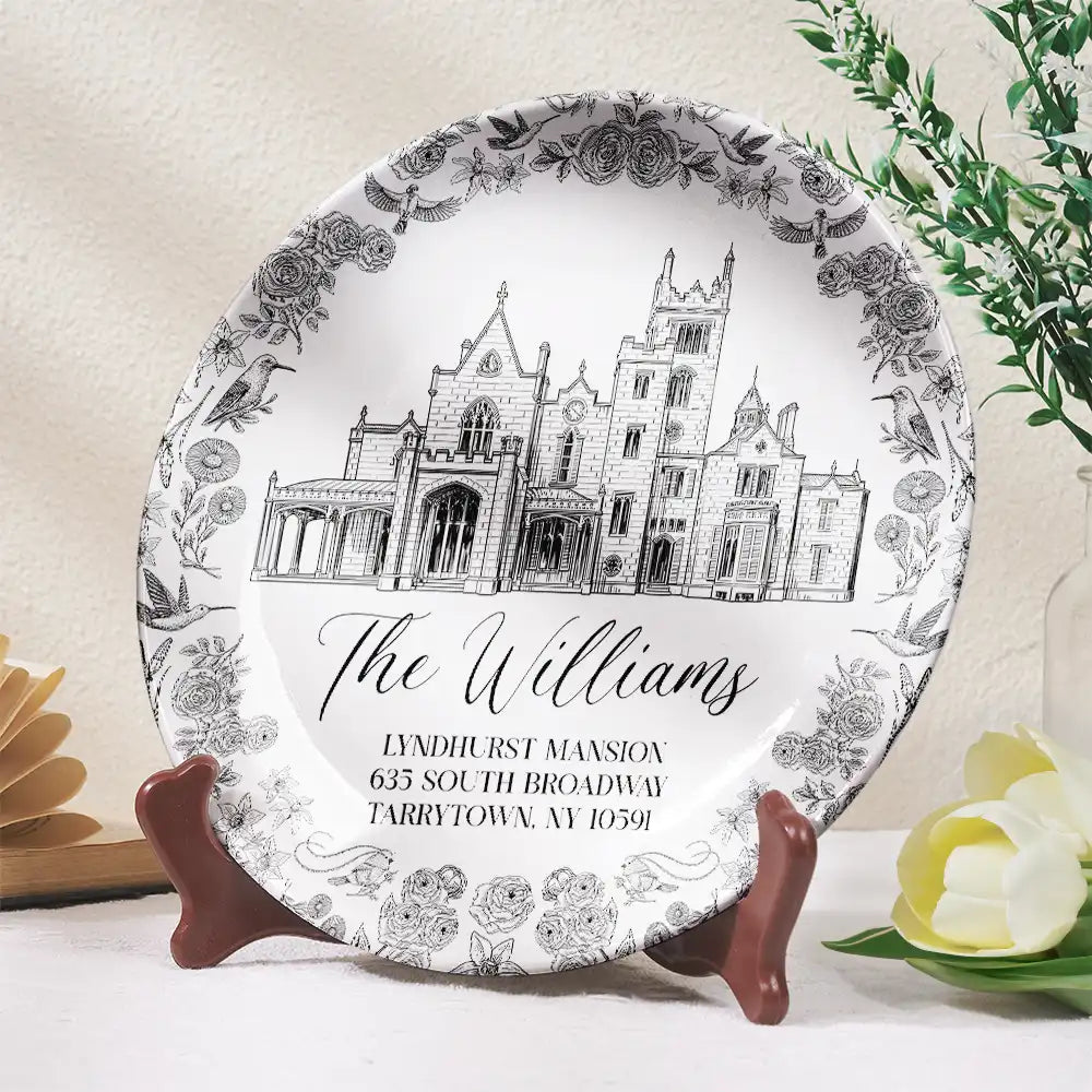 Custom Photo, Art Design, Gift For Couples, Top Market, Wedding, Romantic, Photo - Ink Drawing - Custom Photo Ink Drawing Wedding Venue Toile De Jouy - Personalized Ceramic Plate