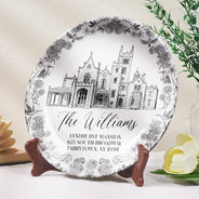Custom Photo, Art Design, Gift For Couples, Top Market, Wedding, Romantic, Photo - Ink Drawing - Custom Photo Ink Drawing Wedding Venue Toile De Jouy - Personalized Ceramic Plate