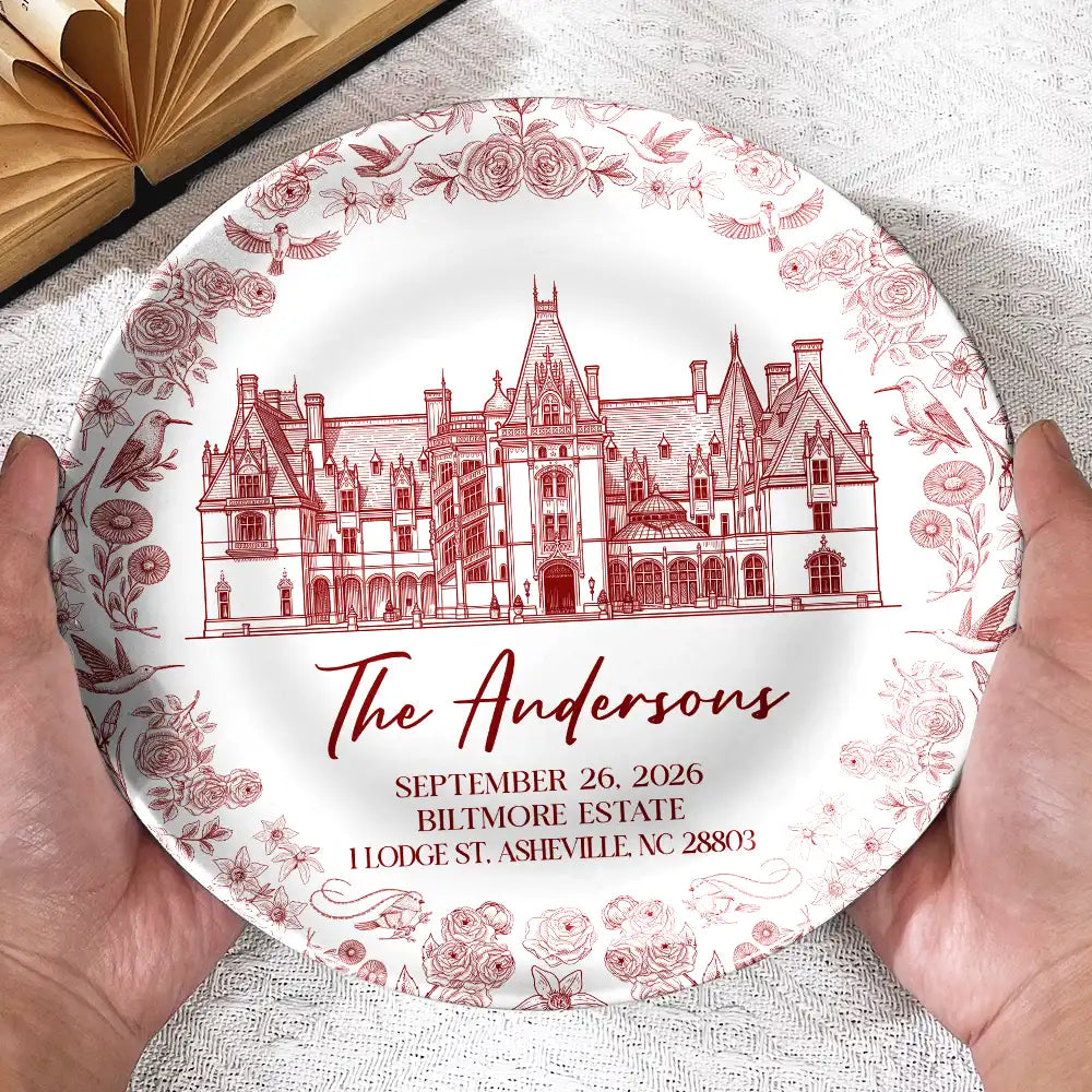Custom Photo, Art Design, Gift For Couples, Top Market, Wedding, Romantic, Photo - Ink Drawing - Custom Photo Ink Drawing Wedding Venue Toile De Jouy - Personalized Ceramic Plate