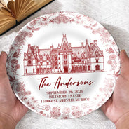 Custom Photo, Art Design, Gift For Couples, Top Market, Wedding, Romantic, Photo - Ink Drawing - Custom Photo Ink Drawing Wedding Venue Toile De Jouy - Personalized Ceramic Plate