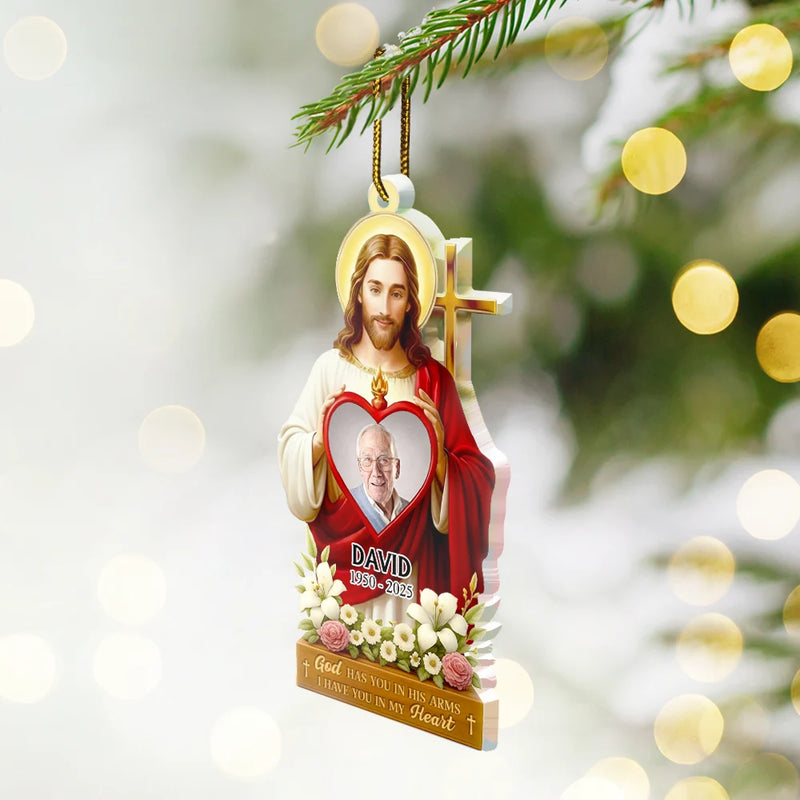 Christmas,Christian,Gift For Grandparents,Parents,Memorial - Custom Photo Jesus Hugs You In Heaven Memorial Keepsake - Personalized Custom Shaped Acrylic Ornament
