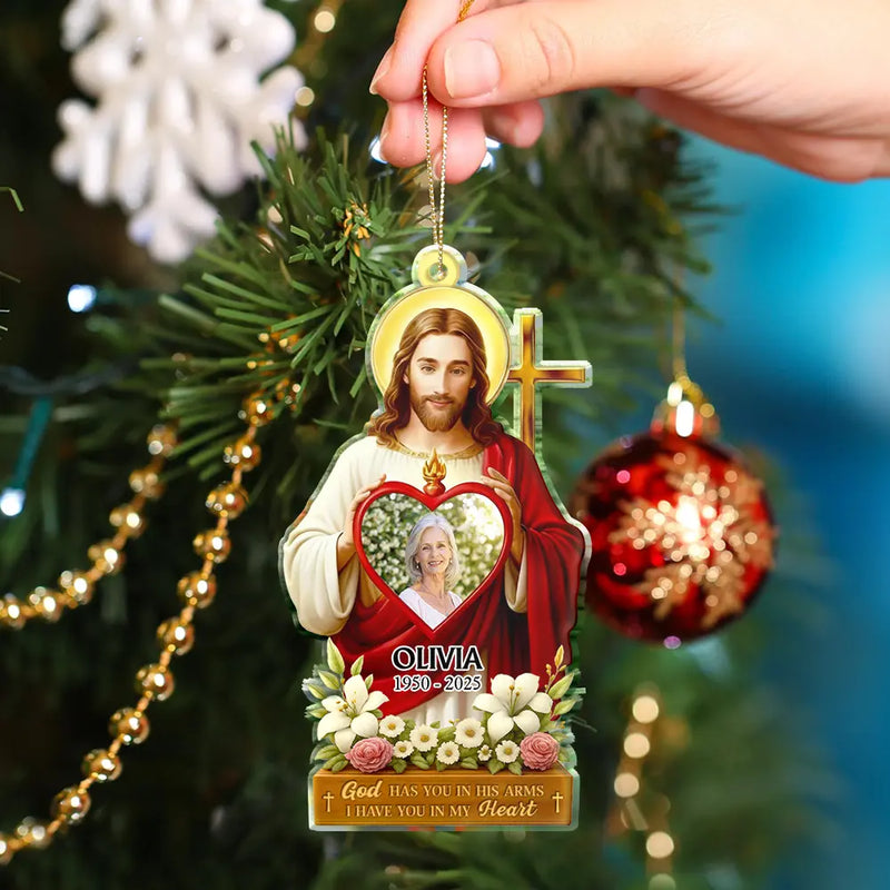 Christmas,Christian,Gift For Grandparents,Parents,Memorial - Custom Photo Jesus Hugs You In Heaven Memorial Keepsake - Personalized Custom Shaped Acrylic Ornament