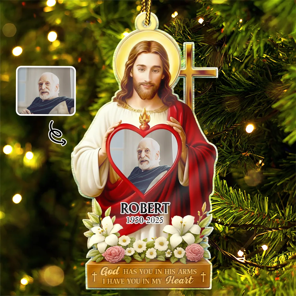 Christmas,Christian,Gift For Grandparents,Parents,Memorial - Custom Photo Jesus Hugs You In Heaven Memorial Keepsake - Personalized Custom Shaped Acrylic Ornament