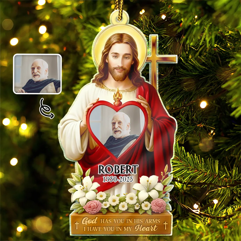 Christmas,Christian,Gift For Grandparents,Parents,Memorial - Custom Photo Jesus Hugs You In Heaven Memorial Keepsake - Personalized Custom Shaped Acrylic Ornament