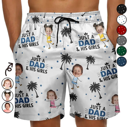 Custom Photo Just A Dad And His Girls - Personalized Unisex Beach Shorts