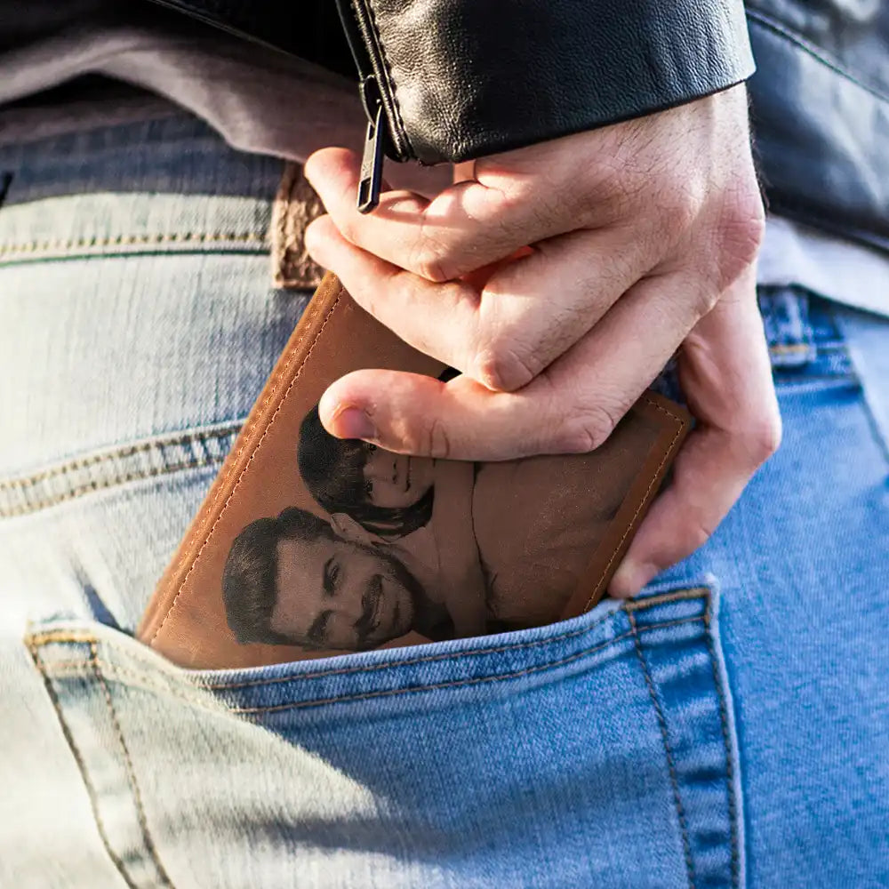 Gift For Father,Gift For Grandpa - Custom Photo Keep Beautiful Memories With Dad - Personalized Engraved Leather Wallet