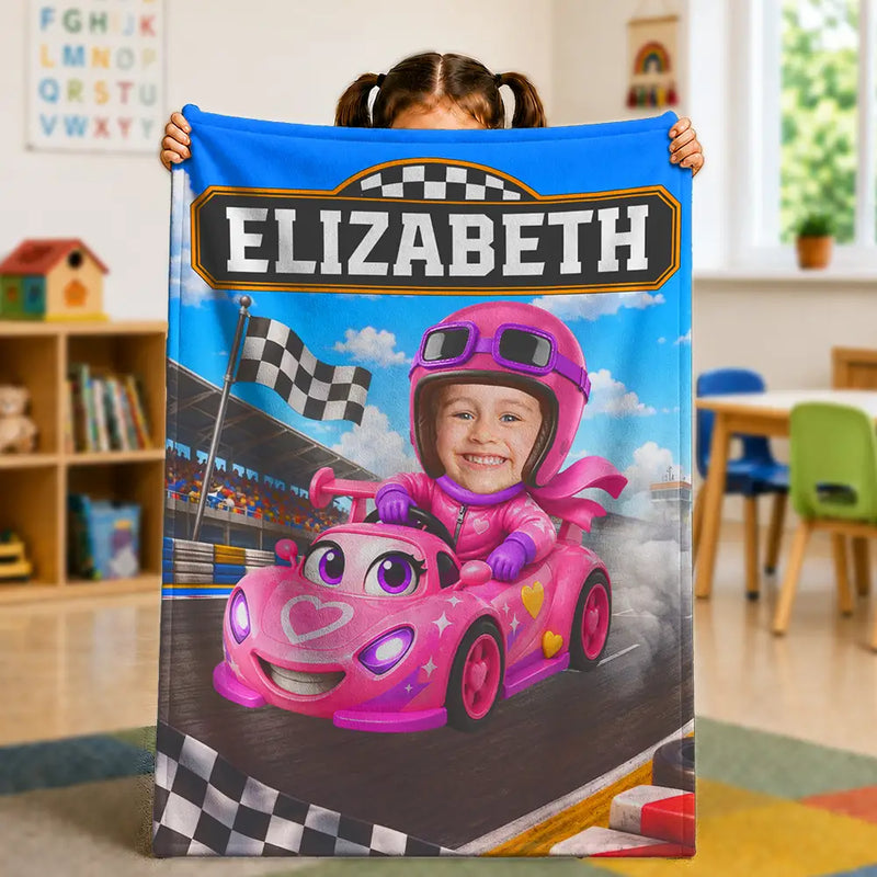 Adorable, Back To School, Custom Photo, Gift For Kids, Cut-Face Photo - Custom Photo Kid Car Racing - Personalized Fleece Blanket, Sherpa Blanket