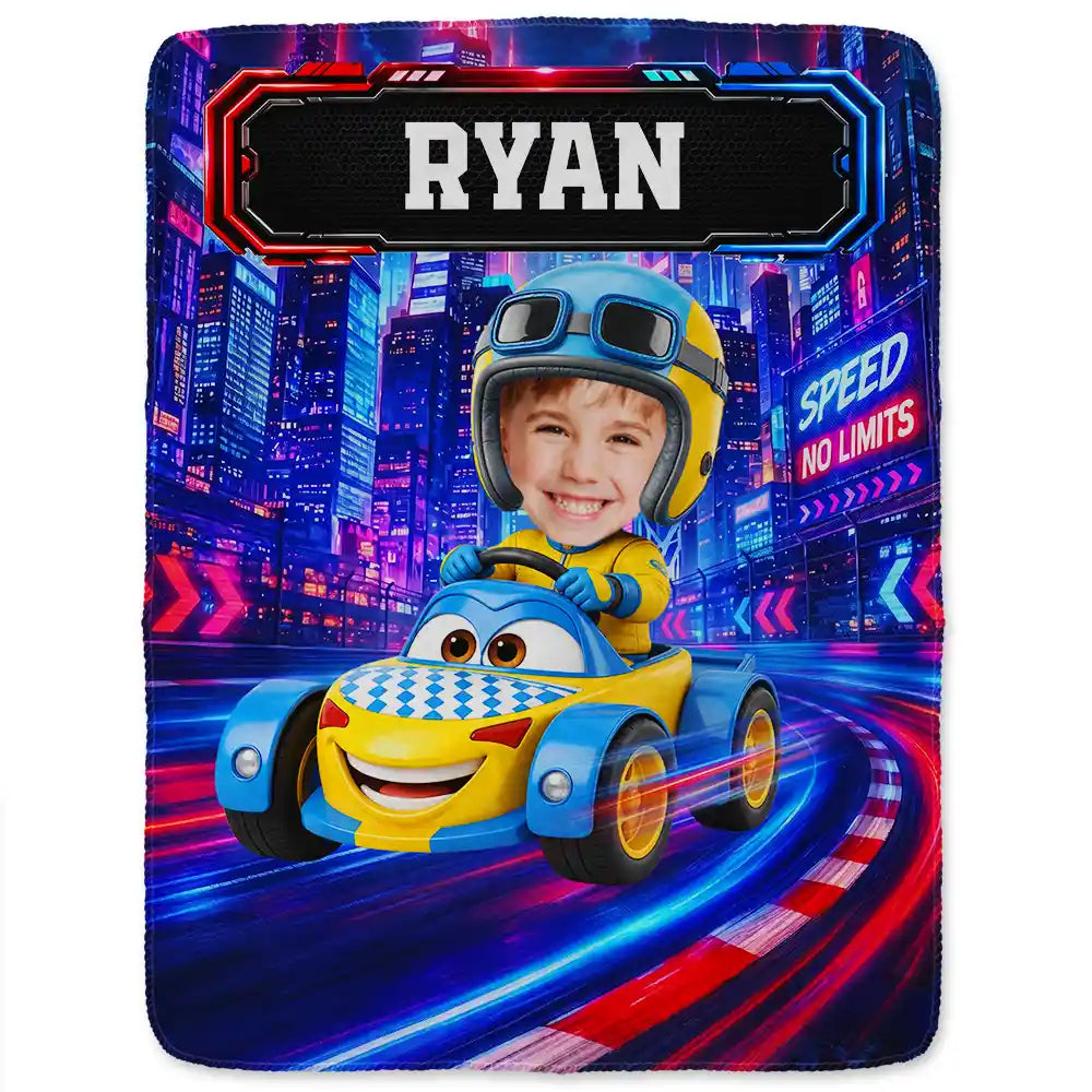 Adorable, Back To School, Custom Photo, Gift For Kids, Cut-Face Photo - Custom Photo Kid Car Racing - Personalized Fleece Blanket, Sherpa Blanket