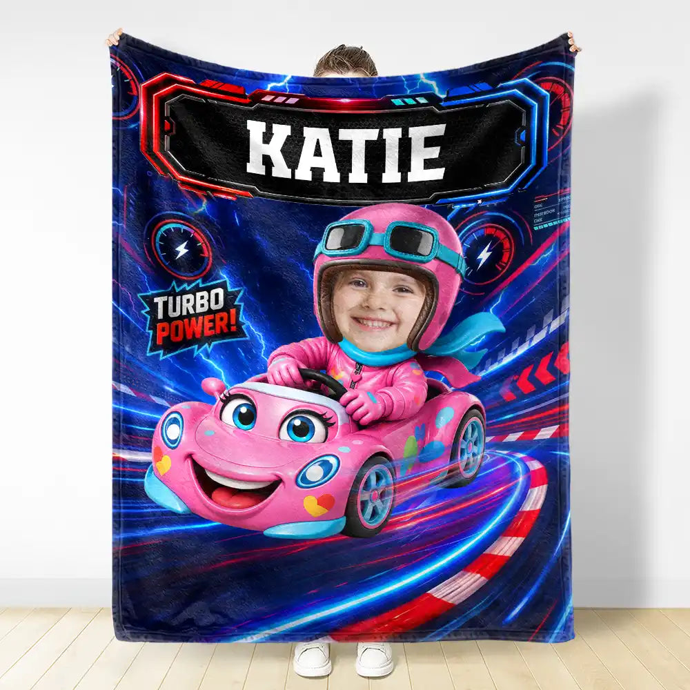 Adorable, Back To School, Custom Photo, Gift For Kids, Cut-Face Photo - Custom Photo Kid Car Racing - Personalized Fleece Blanket, Sherpa Blanket