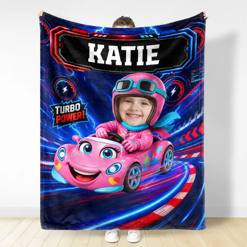 Adorable, Back To School, Custom Photo, Gift For Kids, Cut-Face Photo - Custom Photo Kid Car Racing - Personalized Fleece Blanket, Sherpa Blanket