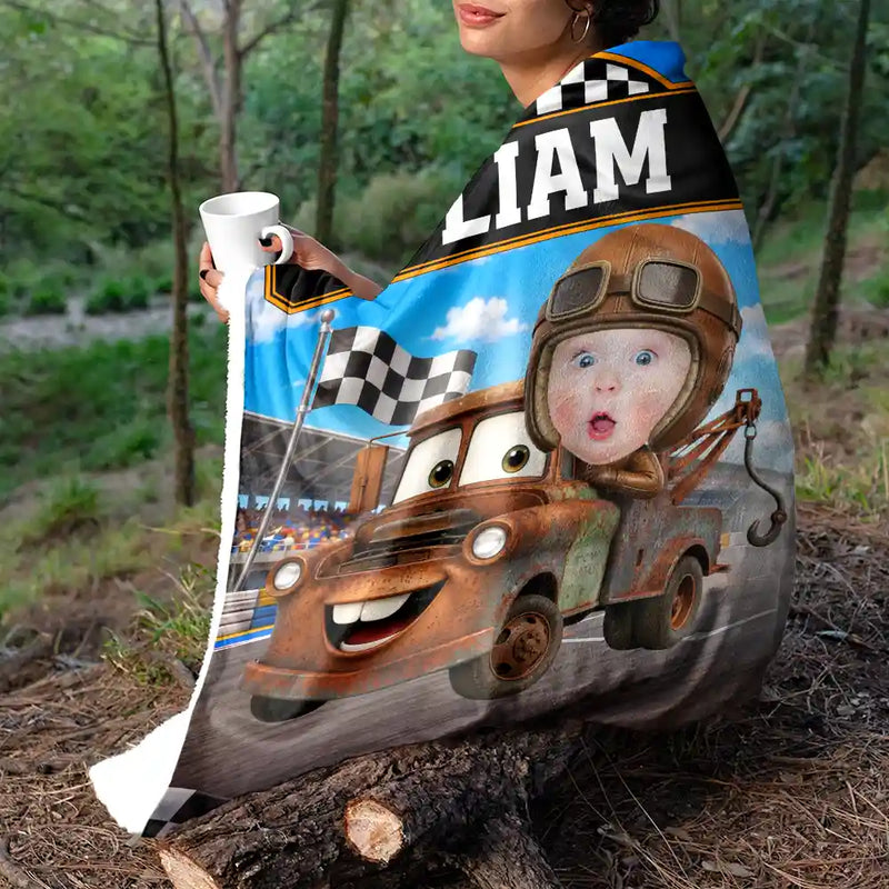 Adorable, Back To School, Custom Photo, Gift For Kids, Cut-Face Photo - Custom Photo Kid Car Racing - Personalized Fleece Blanket, Sherpa Blanket