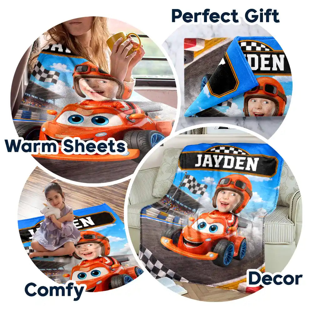 Adorable, Back To School, Custom Photo, Gift For Kids, Cut-Face Photo - Custom Photo Kid Car Racing - Personalized Fleece Blanket, Sherpa Blanket