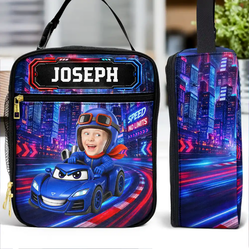 Adorable,Back To School,Custom Photo,Gift For Kids,Cut-Face Photo - Custom Photo Kid Car Racing - Personalized Kids Lunch Bag