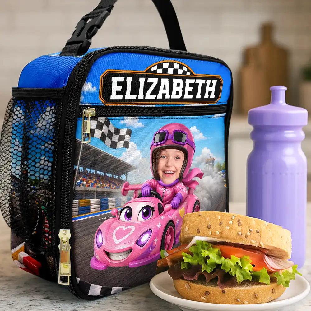 Adorable,Back To School,Custom Photo,Gift For Kids,Cut-Face Photo - Custom Photo Kid Car Racing - Personalized Kids Lunch Bag
