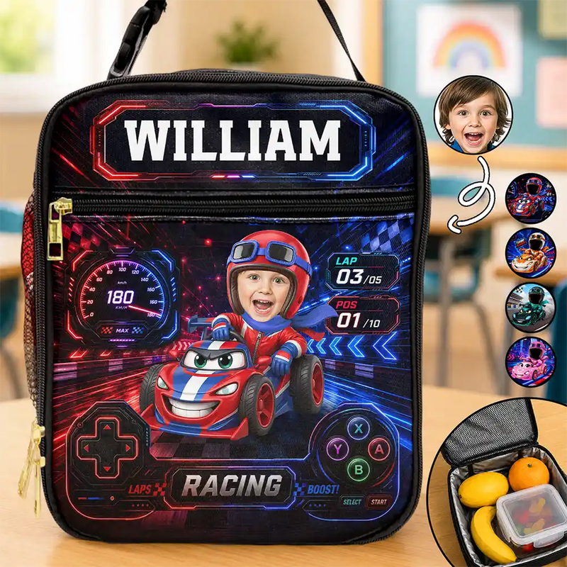 Adorable,Back To School,Custom Photo,Gift For Kids,Cut-Face Photo - Custom Photo Kid Car Racing - Personalized Kids Lunch Bag