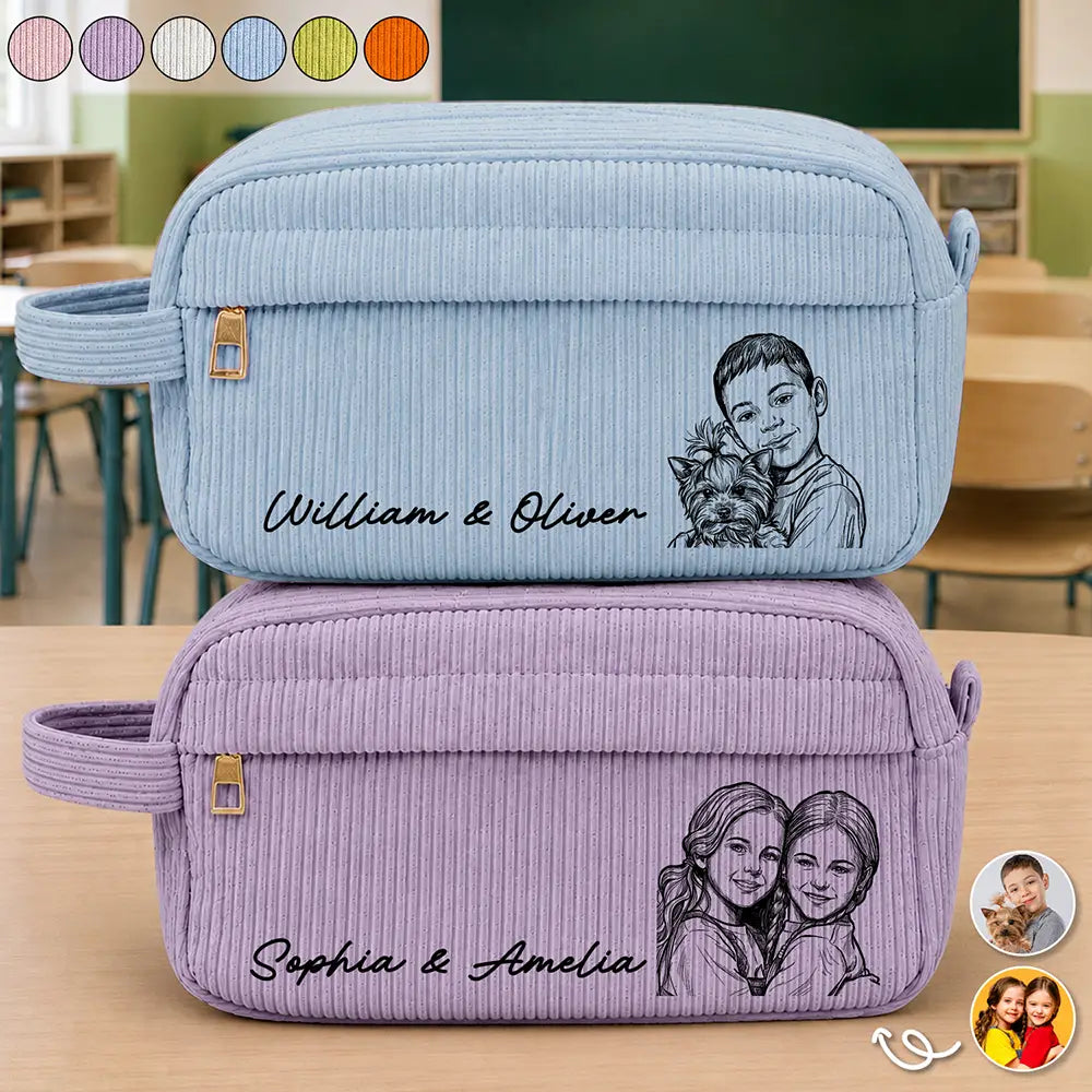 Back To School,Custom Photo,Art Design,Family,Confident,Photo - Pencil Sketch - Bold - Custom Photo Kid Pet Family Besties Portrait Pencil Sketch - Personalized Corduroy Pencil Case