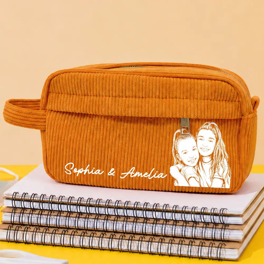 Back To School,Custom Photo,Art Design,Family,Confident,Photo - Pencil Sketch - Bold - Custom Photo Kid Pet Family Besties Portrait Pencil Sketch - Personalized Corduroy Pencil Case