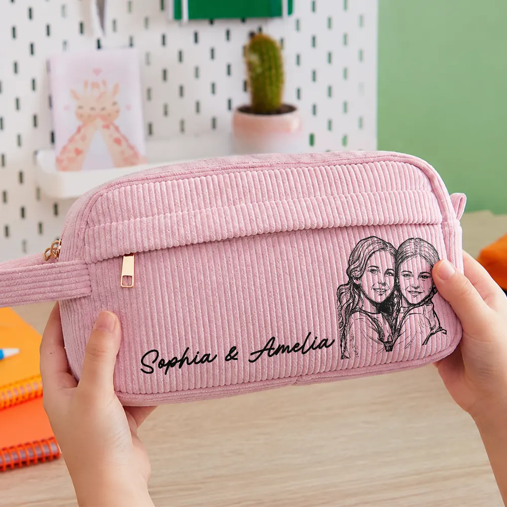 Back To School,Custom Photo,Art Design,Family,Confident,Photo - Pencil Sketch - Bold - Custom Photo Kid Pet Family Besties Portrait Pencil Sketch - Personalized Corduroy Pencil Case
