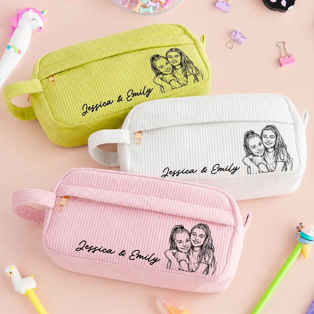 Back To School,Custom Photo,Art Design,Family,Confident,Photo - Pencil Sketch - Bold - Custom Photo Kid Pet Family Besties Portrait Pencil Sketch - Personalized Corduroy Pencil Case
