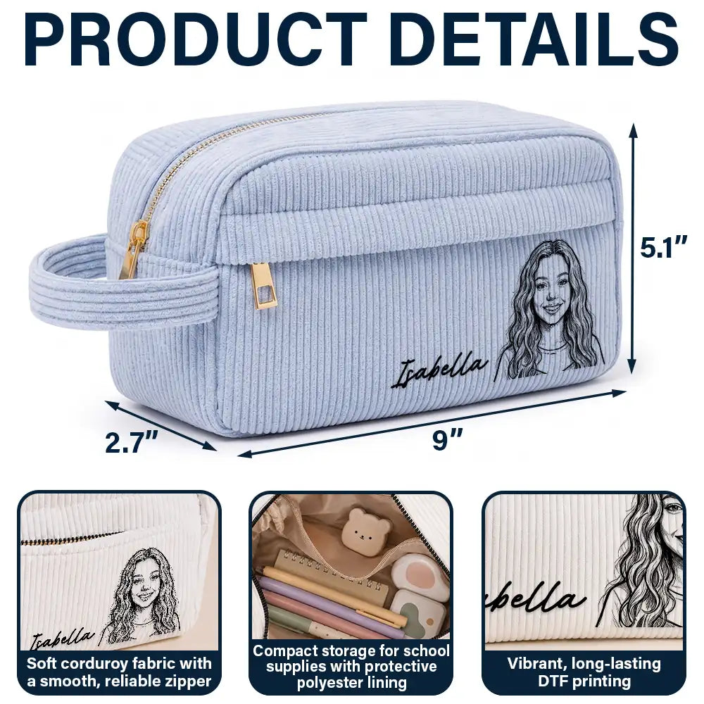 Back To School,Custom Photo,Art Design,Family,Confident,Photo - Pencil Sketch - Bold - Custom Photo Kid Pet Family Besties Portrait Pencil Sketch - Personalized Corduroy Pencil Case