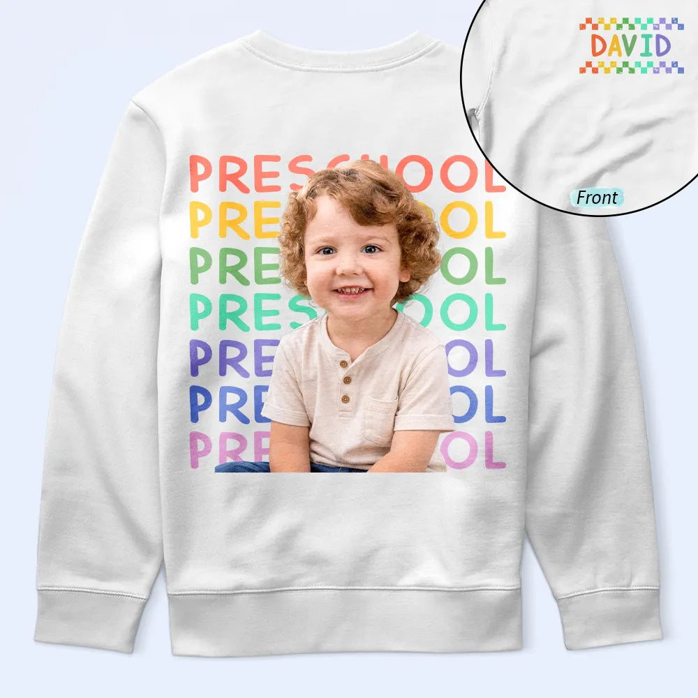Back To School, Custom Photo, Gift For Kids, Adorable, Remove BG Photo, Alternating Color Text - Custom Photo Kid Portrait Kindergarten Preschool - Personalized T Shirt