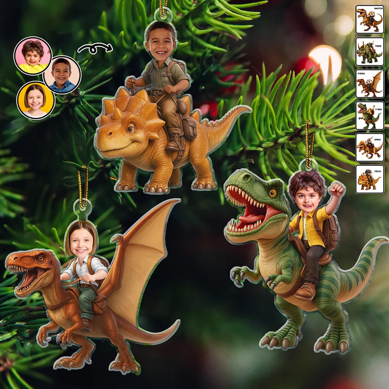 Custom Photo, Gift For Kids, Gift For Grandkids, Happy, Christmas - Custom Photo Kid Riding Dinosaur - Personalized Custom Shaped Acrylic Ornament