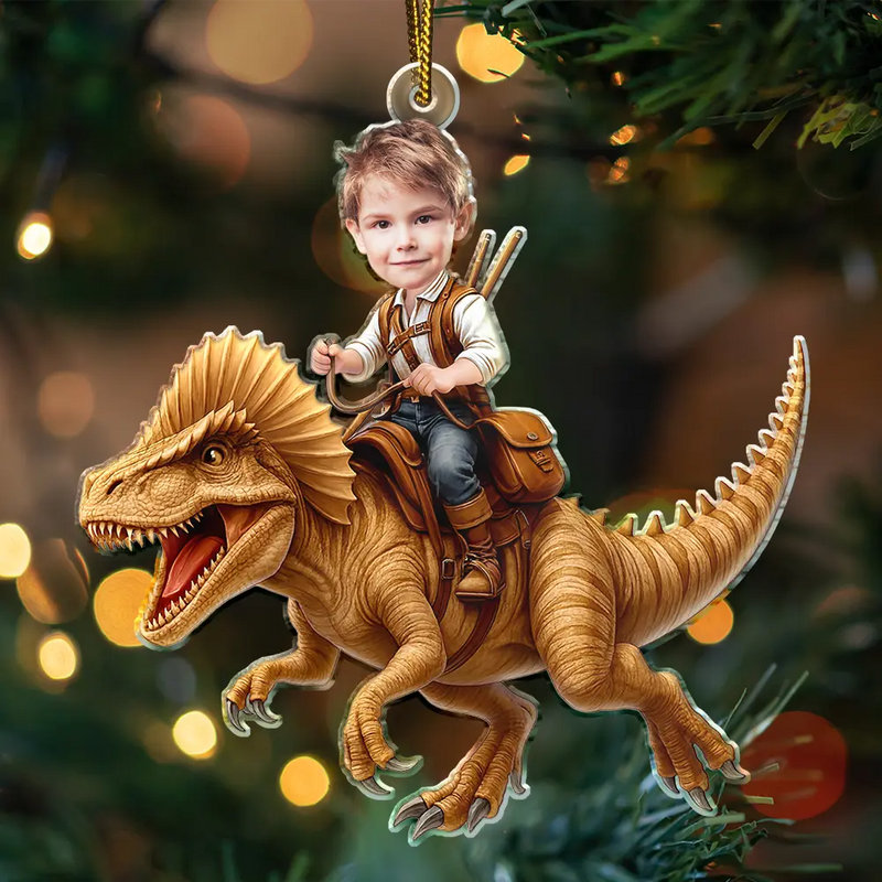 Custom Photo, Gift For Kids, Gift For Grandkids, Happy, Christmas - Custom Photo Kid Riding Dinosaur - Personalized Custom Shaped Acrylic Ornament
