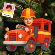Gift For Kids, Gift For Grandkids, Photo Hobby Ornament, Custom Photo, Funny, Cristmas - Custom Photo Kid Riding Fire Truck - Personalized Acrylic Photo Ornament